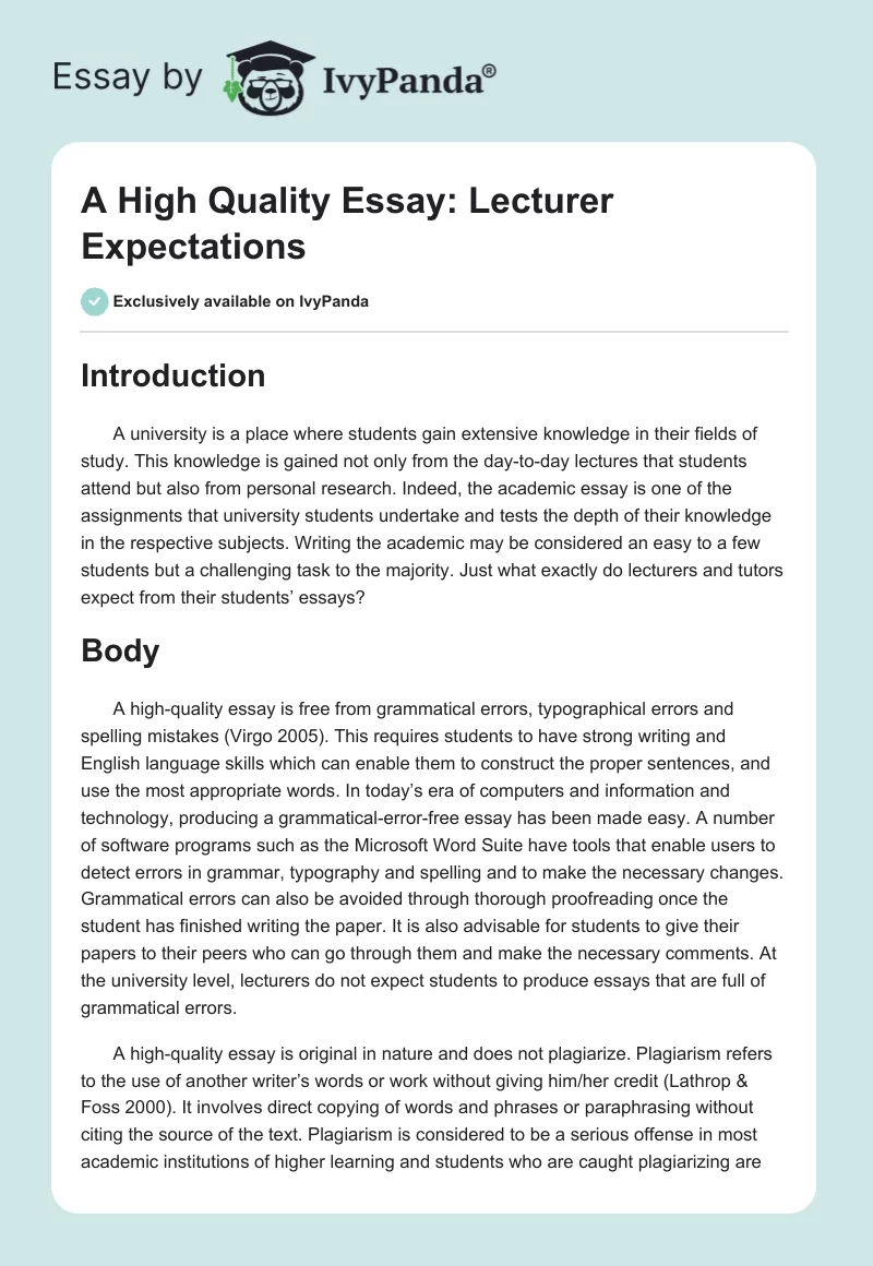 A High Quality Essay: Lecturer Expectations. Page 1