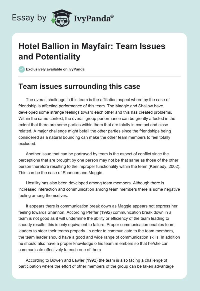 Hotel Ballion in Mayfair: Team Issues and Potentiality. Page 1
