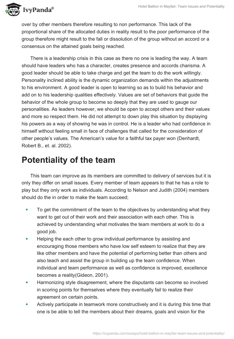 Hotel Ballion in Mayfair: Team Issues and Potentiality. Page 2