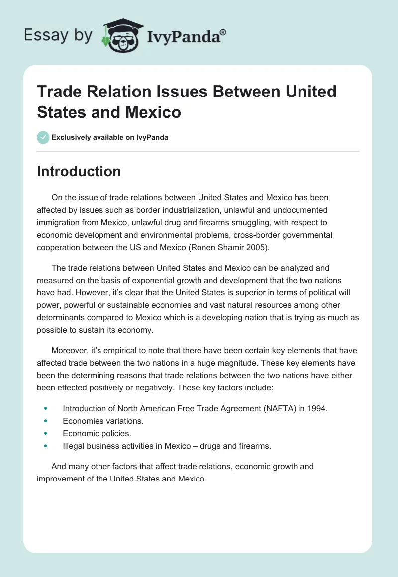 Trade Relation Issues Between United States and Mexico. Page 1