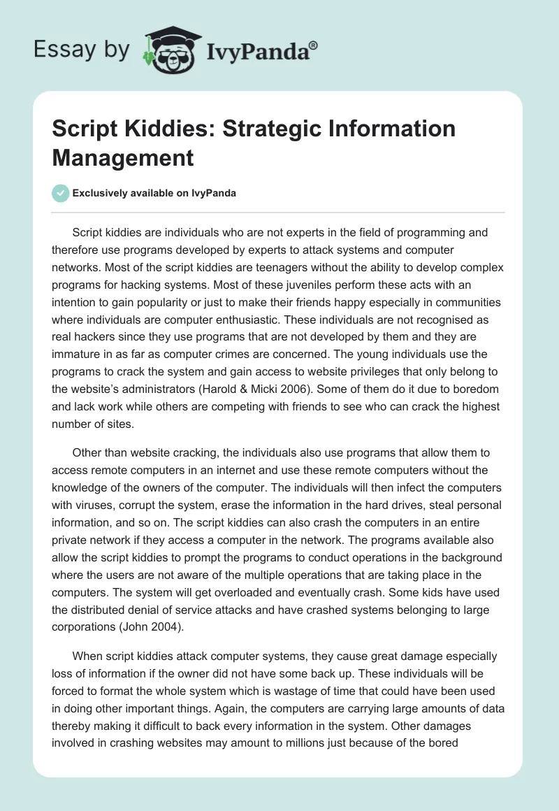 Script Kiddies: Strategic Information Management. Page 1