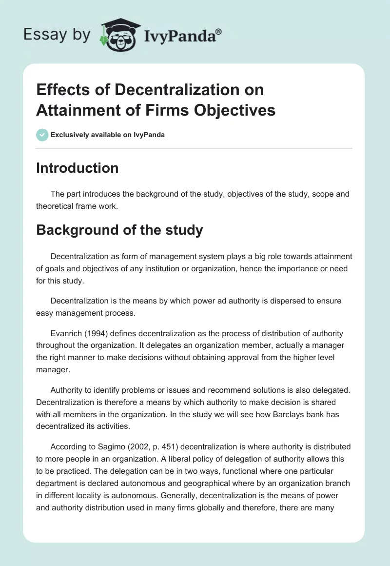Effects of Decentralization on Attainment of Firms Objectives. Page 1