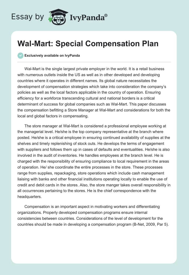 Wal-Mart: Special Compensation Plan. Page 1