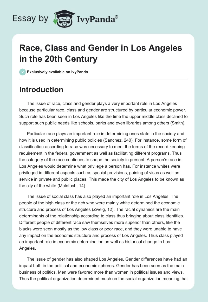 Race, Class and Gender in Los Angeles in the 20th Century. Page 1