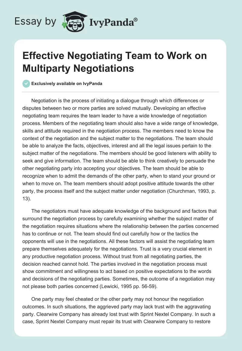 Effective Negotiating Team to Work on Multiparty Negotiations. Page 1