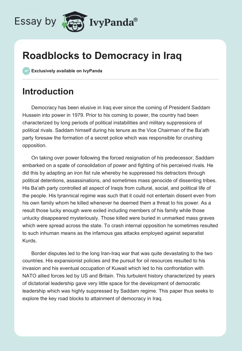 Roadblocks to Democracy in Iraq. Page 1