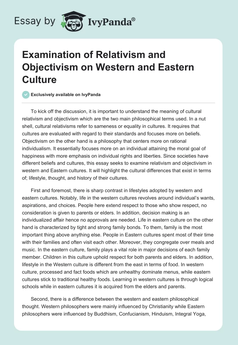 Examination of Relativism and Objectivism on Western and Eastern Culture. Page 1