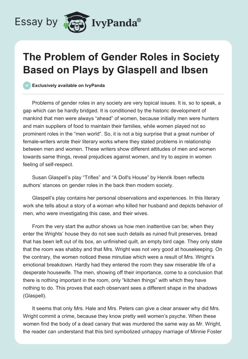 The Problem of Gender Roles in Society Based on Plays by Glaspell and Ibsen. Page 1