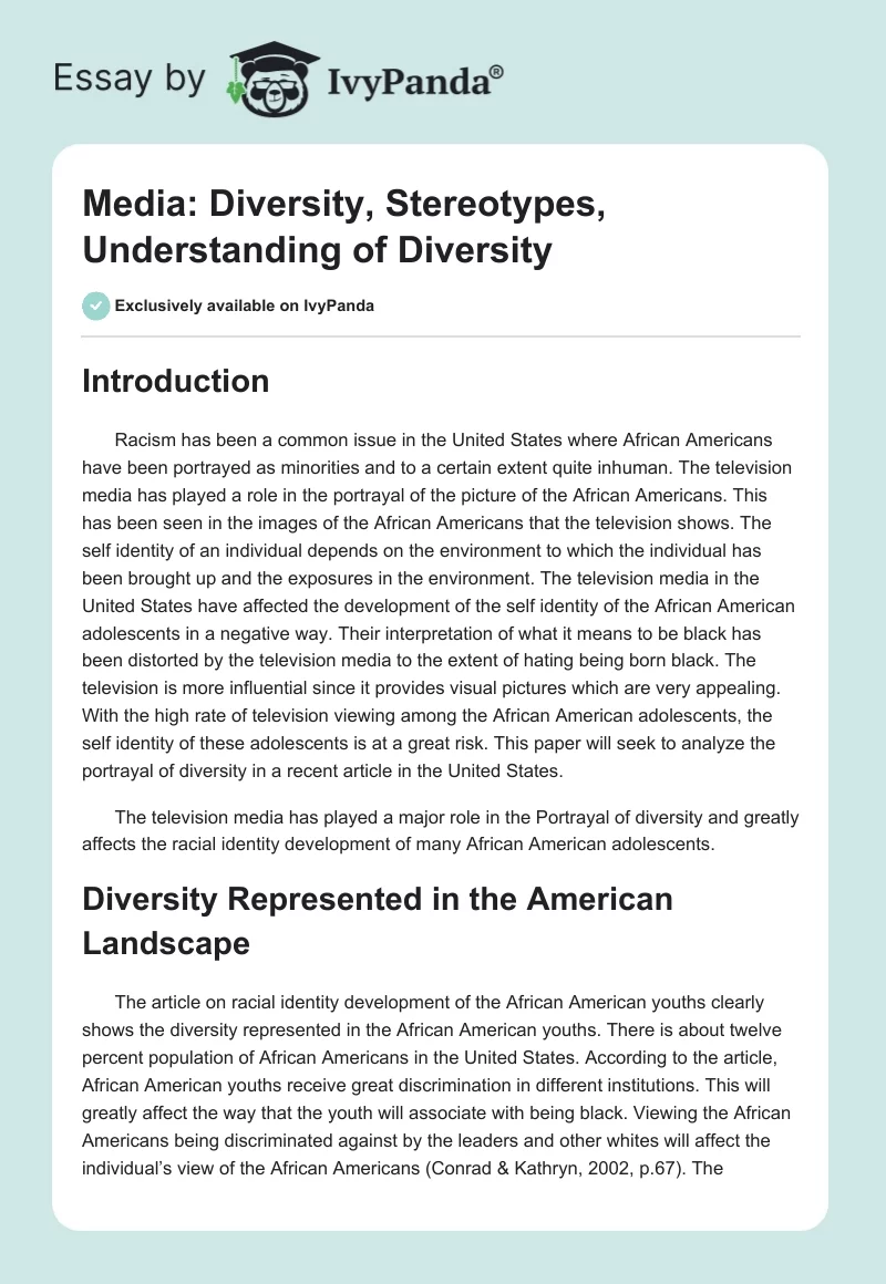 Media: Diversity, Stereotypes, Understanding of Diversity. Page 1