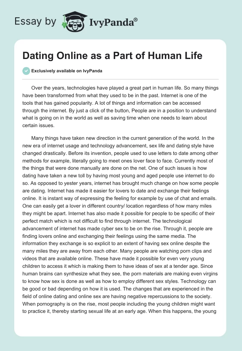 Dating Online as a Part of Human Life. Page 1