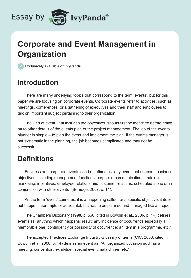 Corporate and Event Management in Organization. Page 1