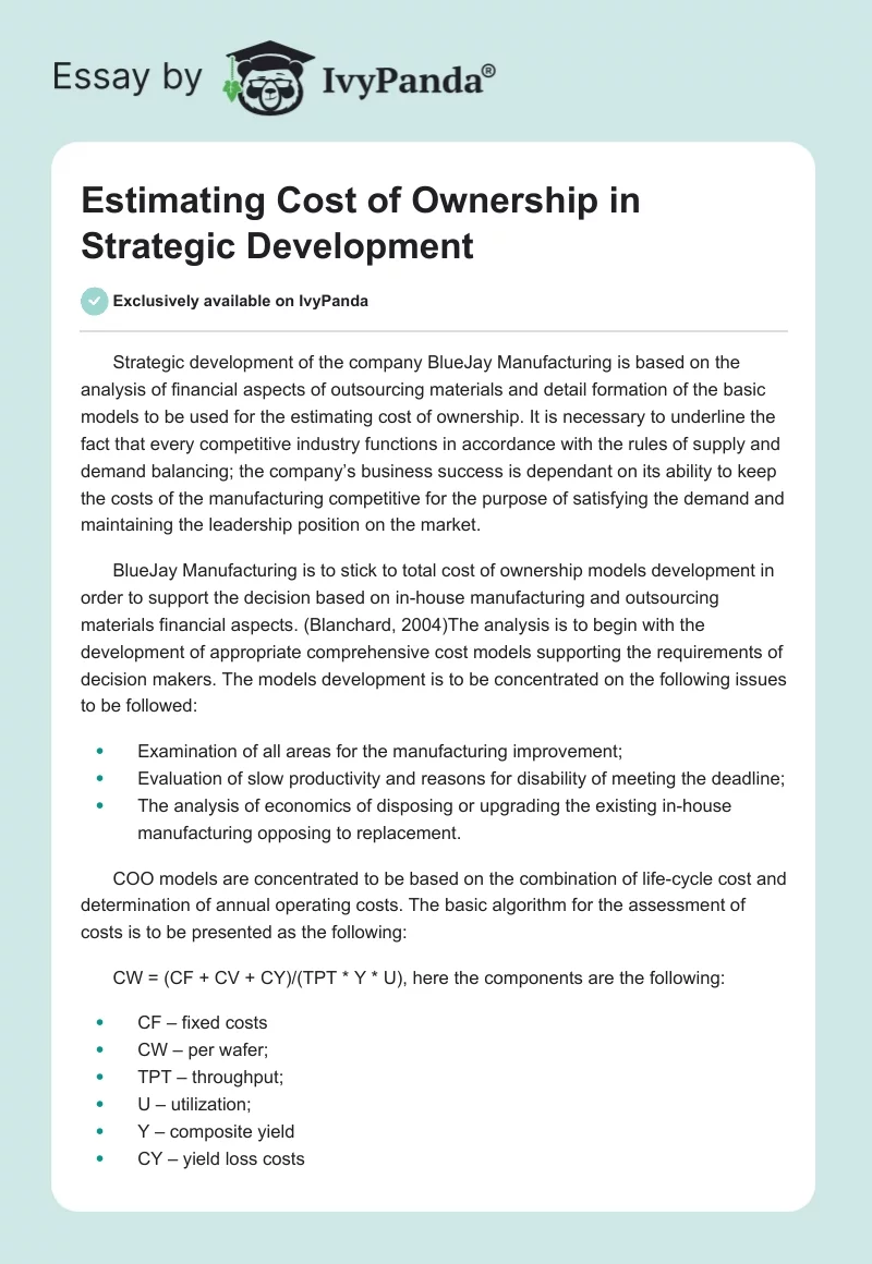 Estimating Cost of Ownership in Strategic Development. Page 1