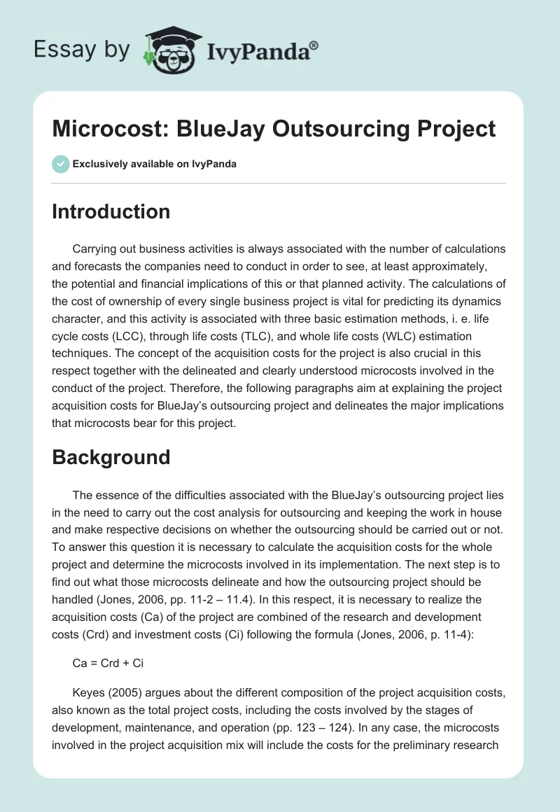 Microcost: BlueJay Outsourcing Project. Page 1