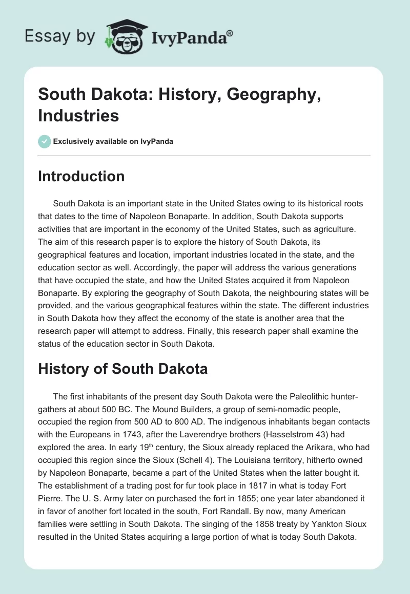 South Dakota: History, Geography, Industries. Page 1