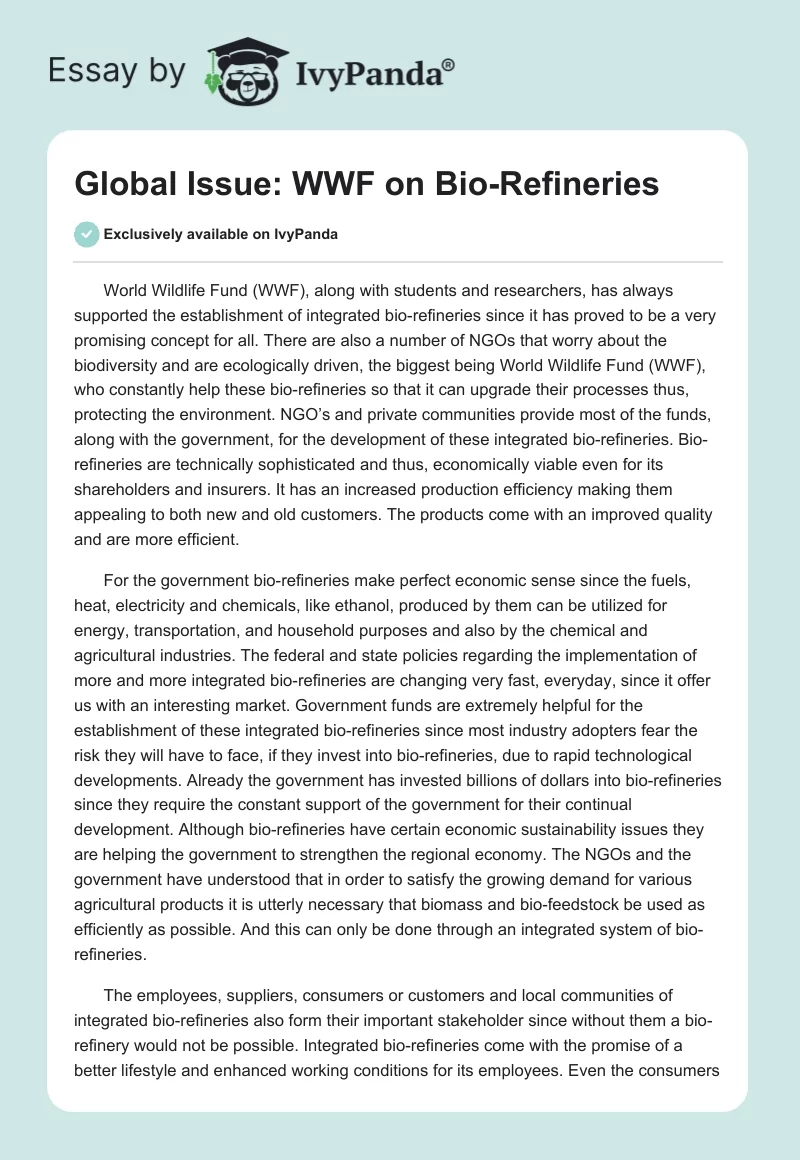 Global Issue: WWF on Bio-Refineries. Page 1