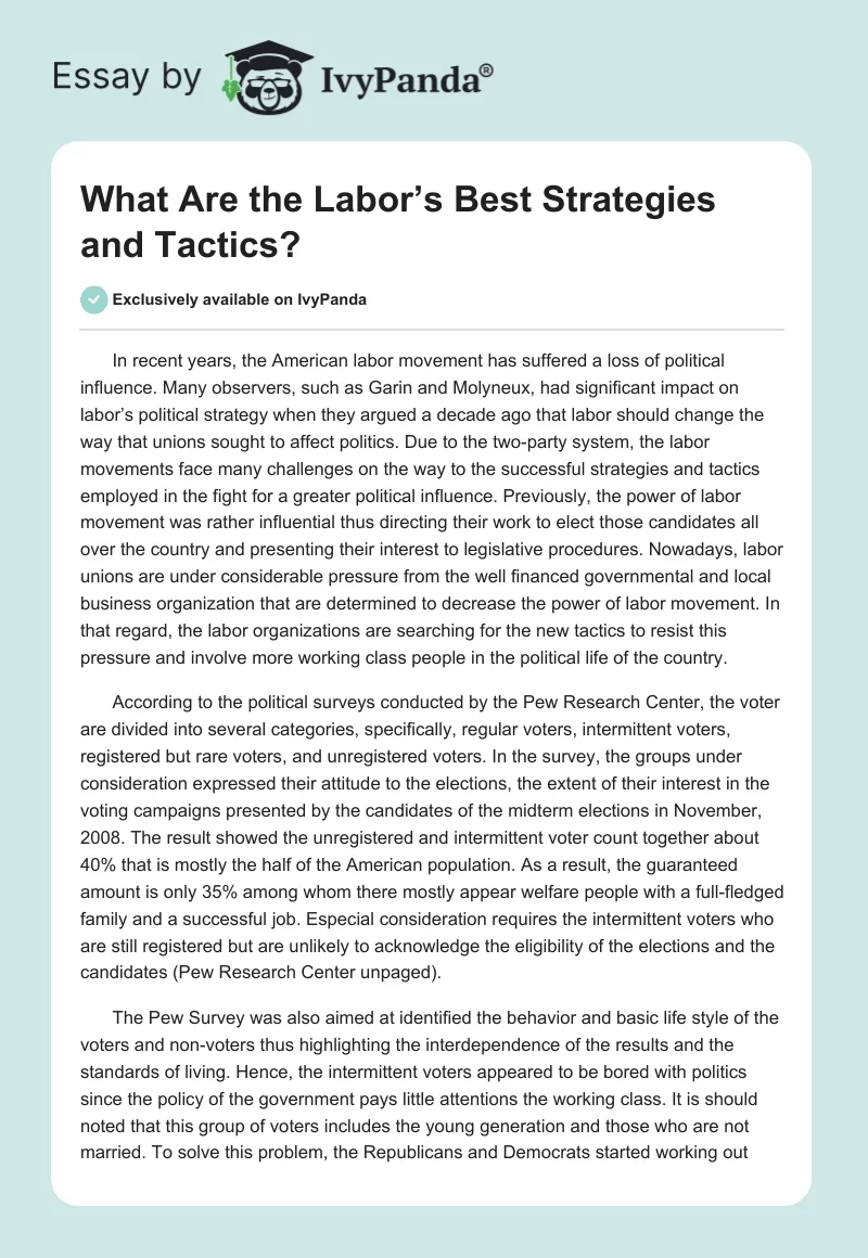 What Are the Labor’s Best Strategies and Tactics?. Page 1