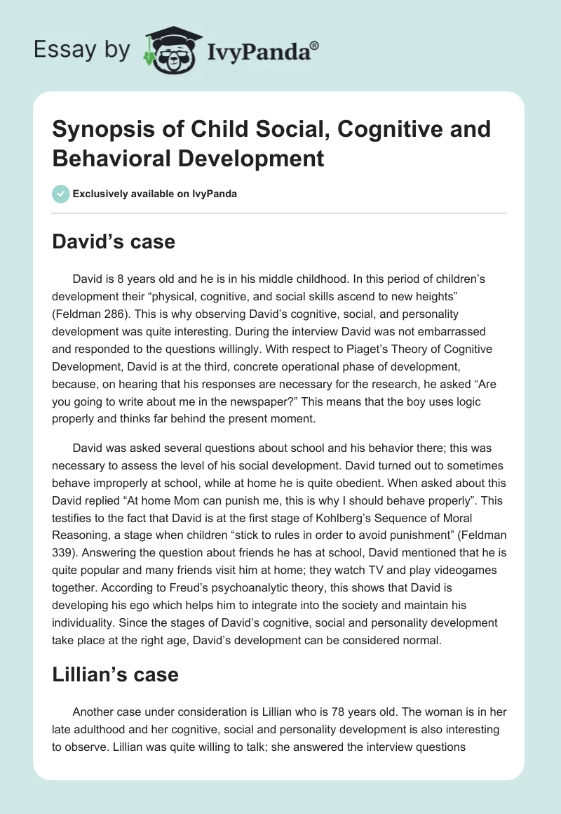 Synopsis of Child Social, Cognitive and Behavioral Development. Page 1