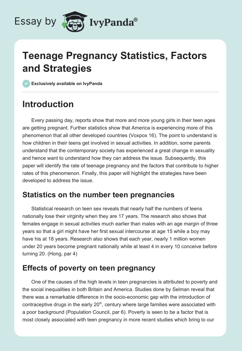 Teenage Pregnancy Statistics, Factors and Strategies 1295 Words