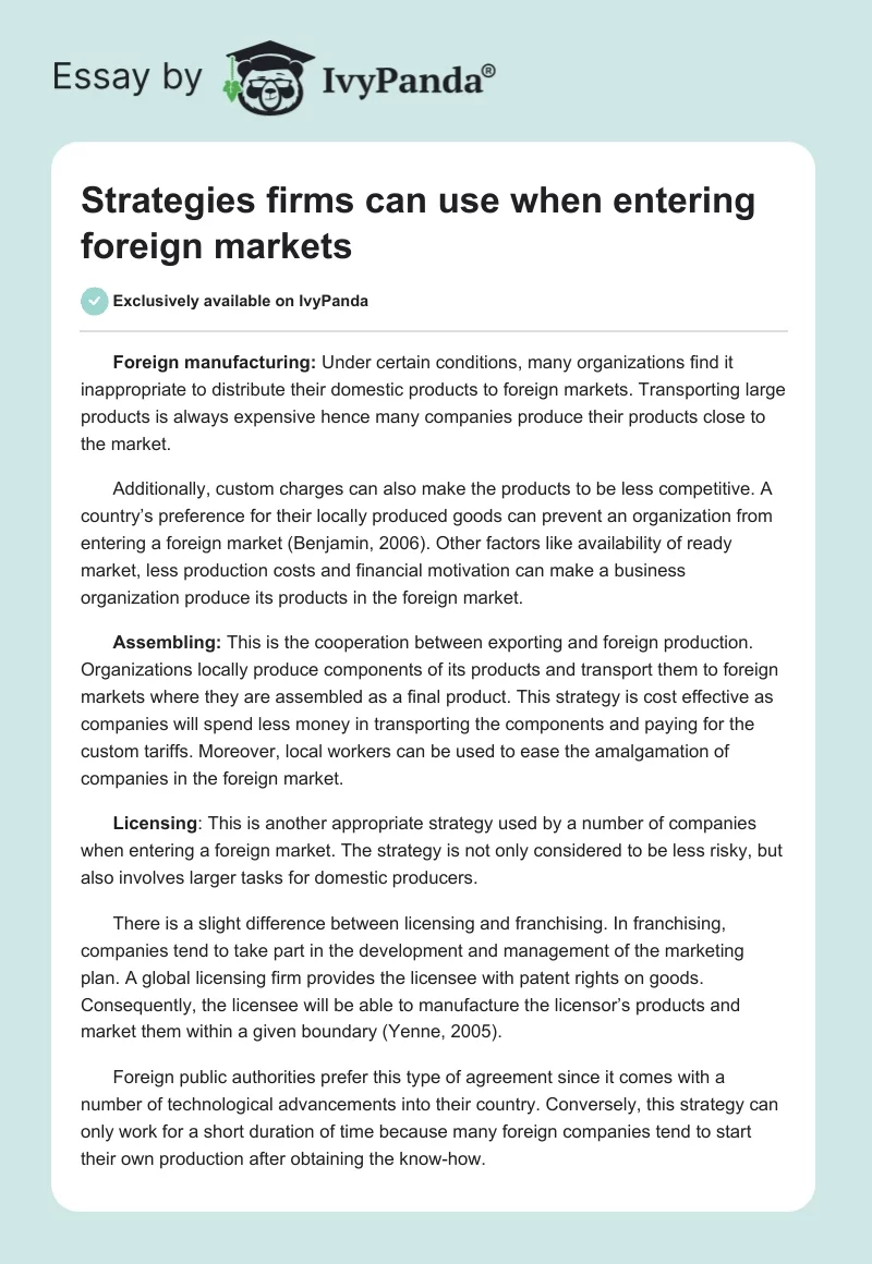 Strategies firms can use when entering foreign markets. Page 1