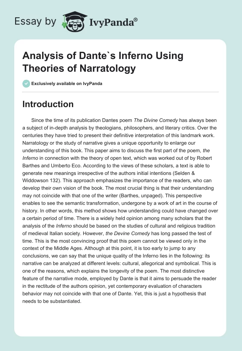 Analysis of Dante`s Inferno Using Theories of Narratology. Page 1