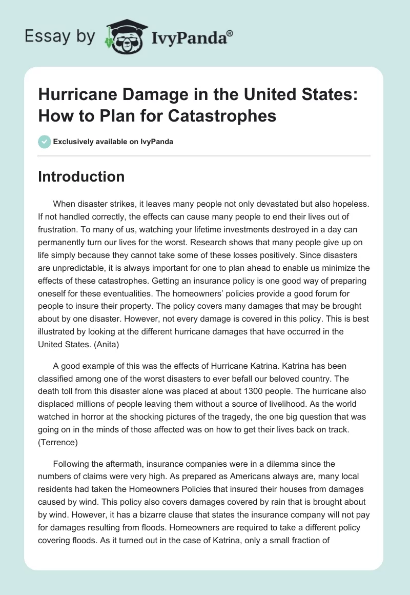 Hurricane Damage in the United States: How to Plan for Catastrophes. Page 1
