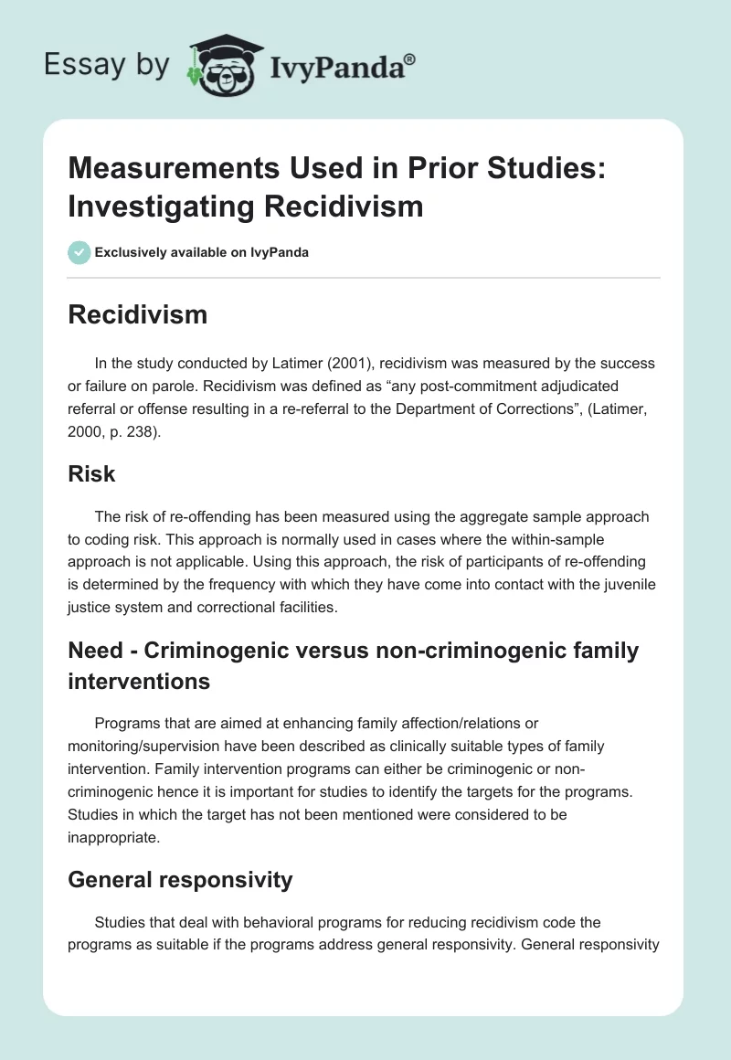 Measurements Used in Prior Studies: Investigating Recidivism. Page 1
