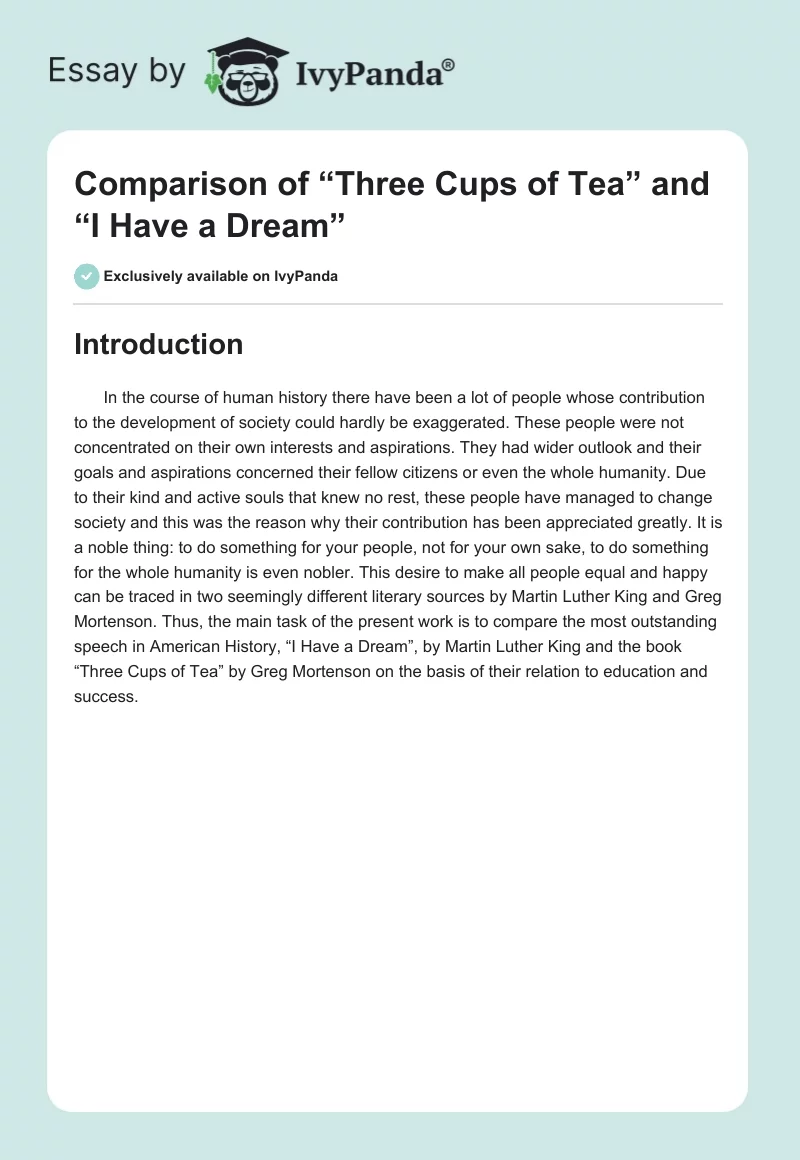 Comparison of “Three Cups of Tea” and “I Have a Dream”. Page 1