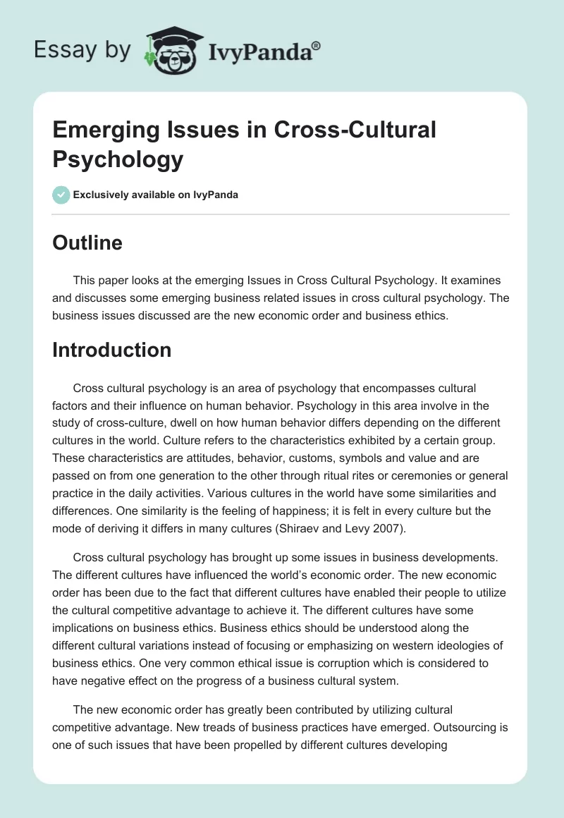 Emerging Issues in Cross-Cultural Psychology. Page 1