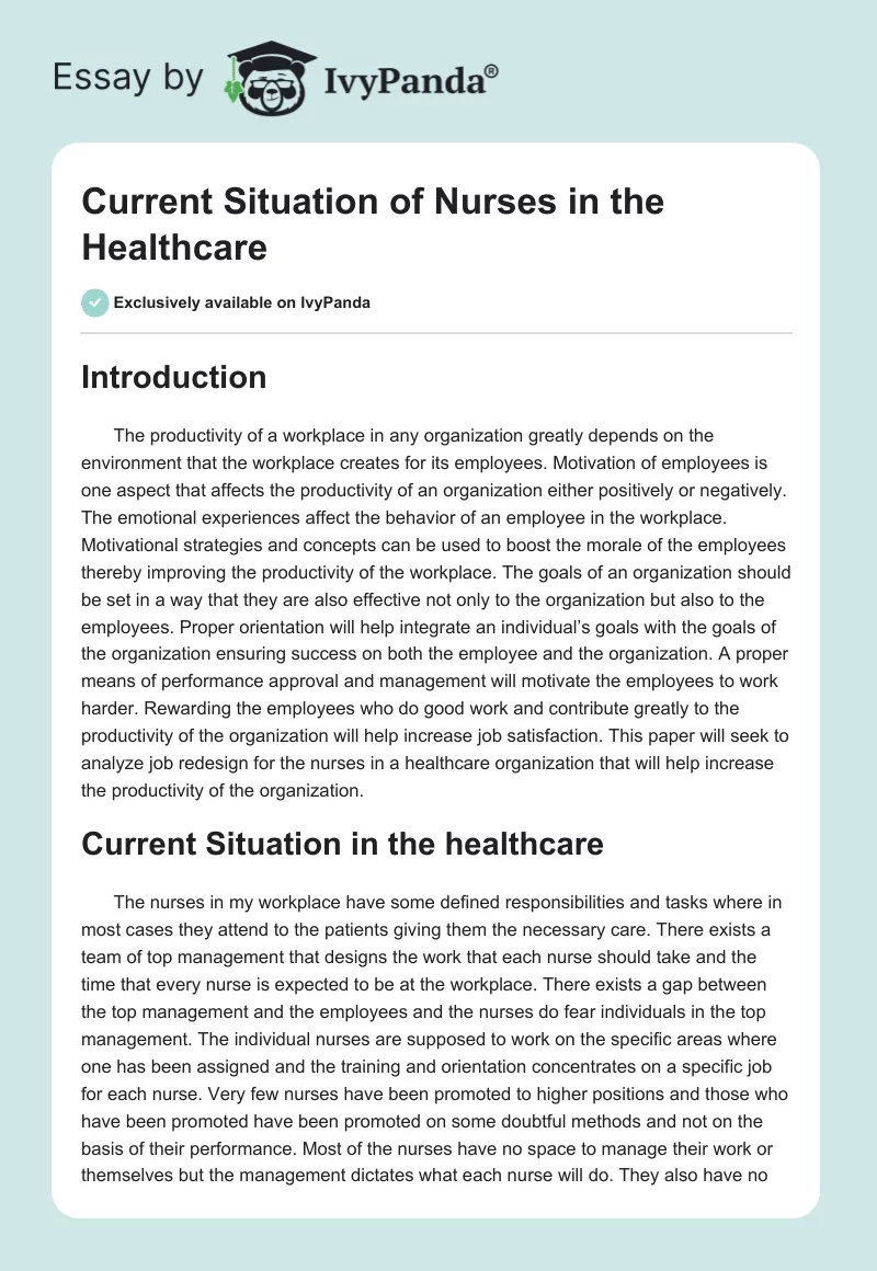 Current Situation of Nurses in the Healthcare. Page 1
