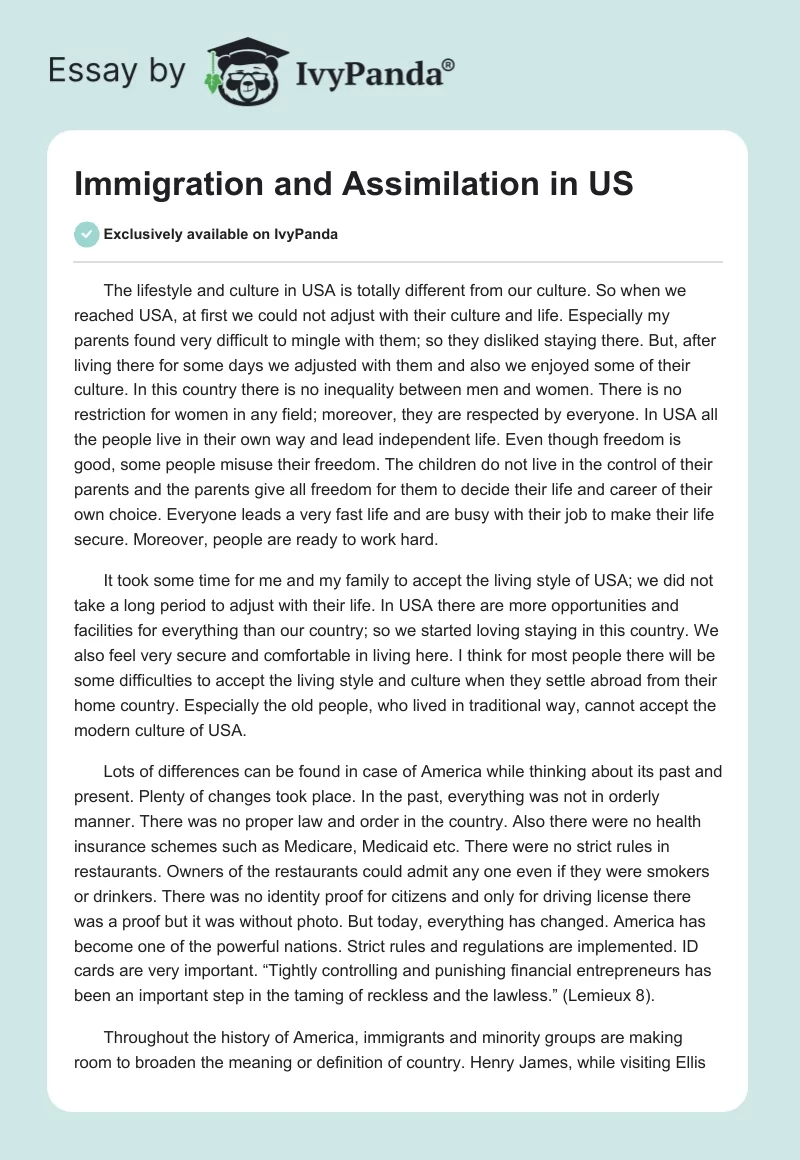 Immigration and Assimilation in US. Page 1