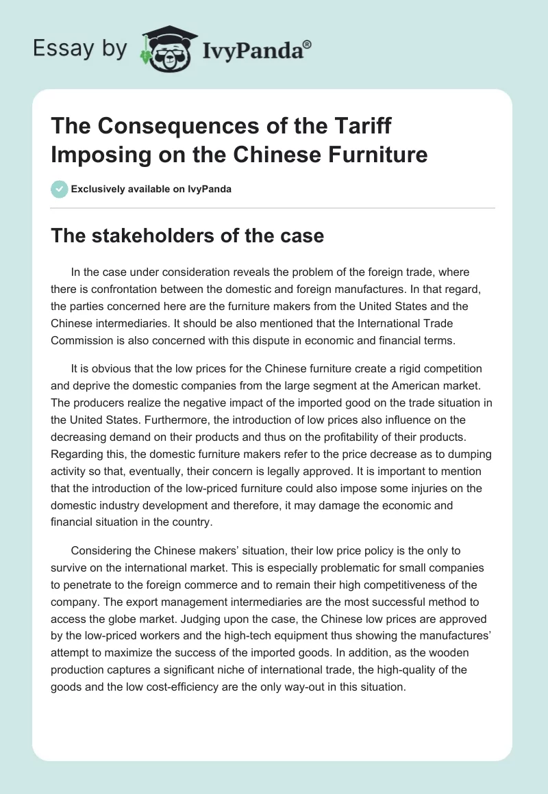 The Consequences of the Tariff Imposing on the Chinese Furniture. Page 1