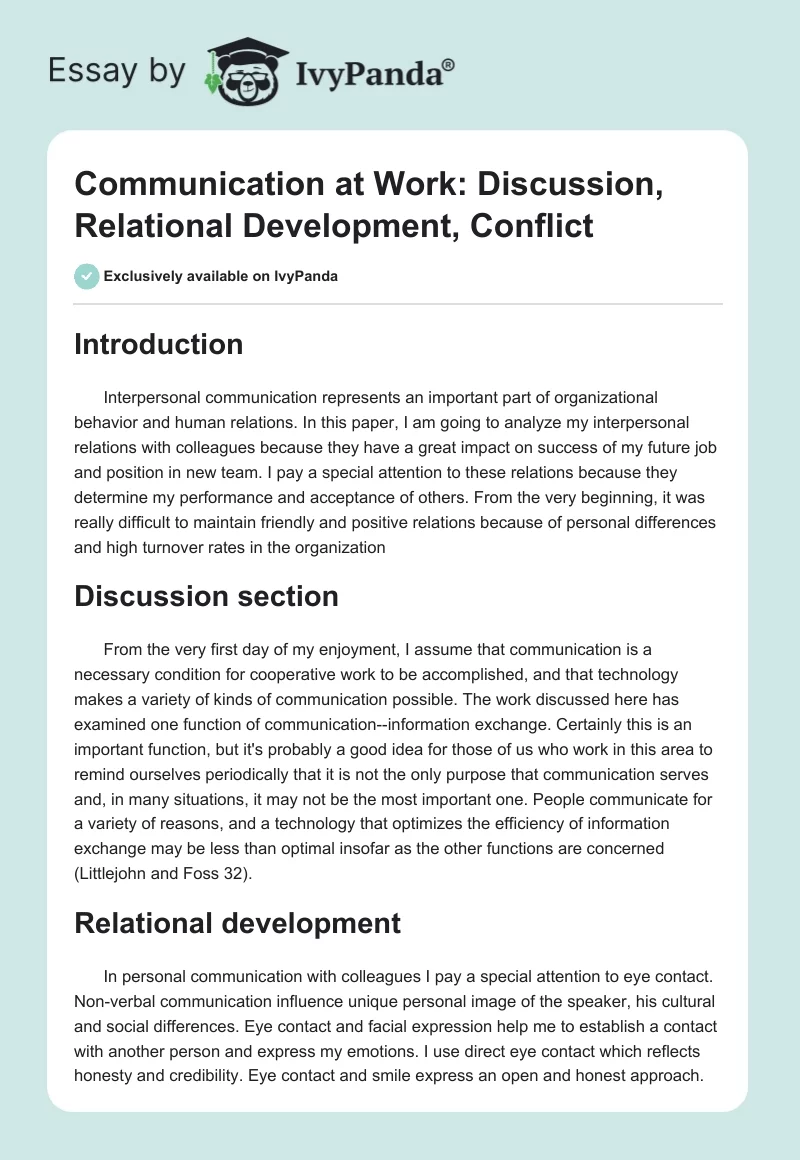 Communication at Work: Discussion, Relational Development, Conflict. Page 1