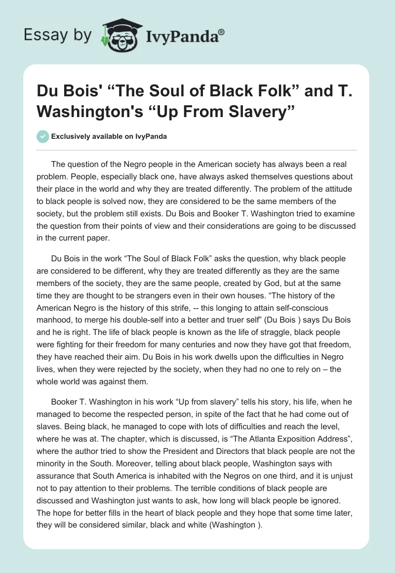 Du Bois' “The Soul of Black Folk” and T. Washington's “Up From Slavery”. Page 1