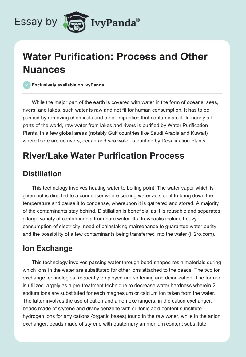Water Purification: Process and Other Nuances. Page 1