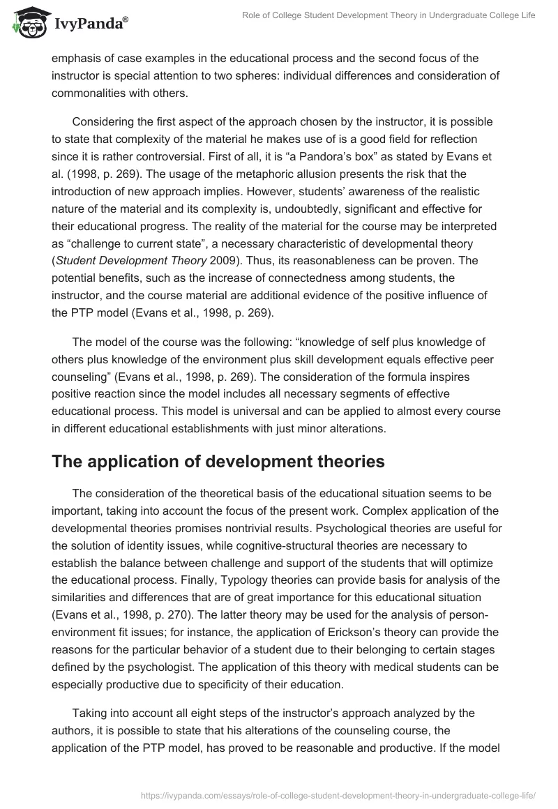 Role of College Student Development Theory in Undergraduate College Life. Page 2