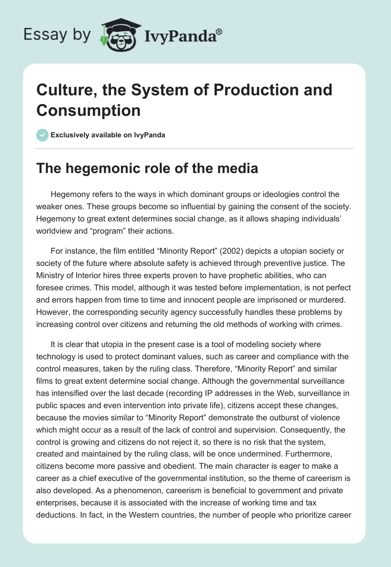 Culture, the System of Production and Consumption. Page 1