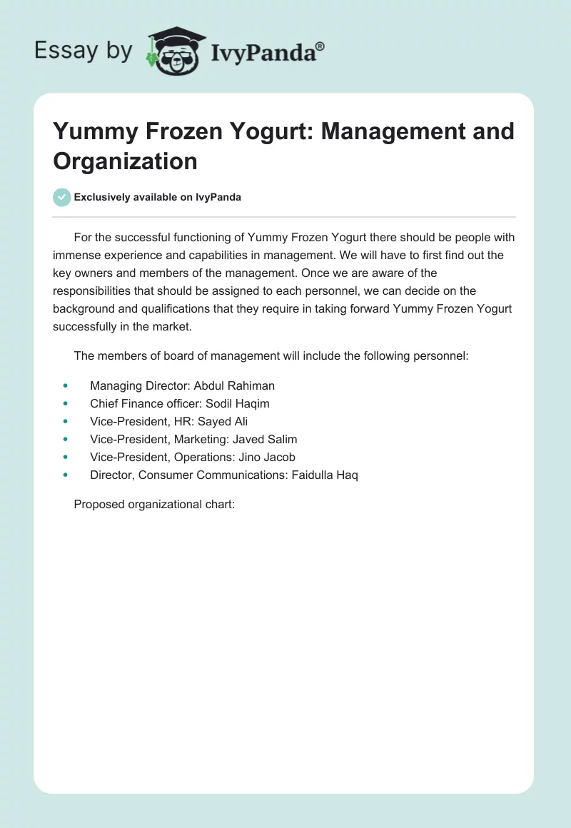 Yummy Frozen Yogurt: Management and Organization. Page 1