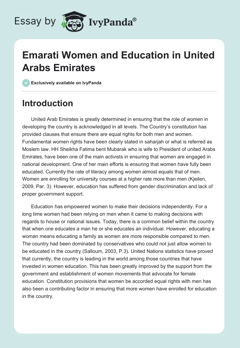 Emarati Women and Education in United Arabs Emirates. Page 1