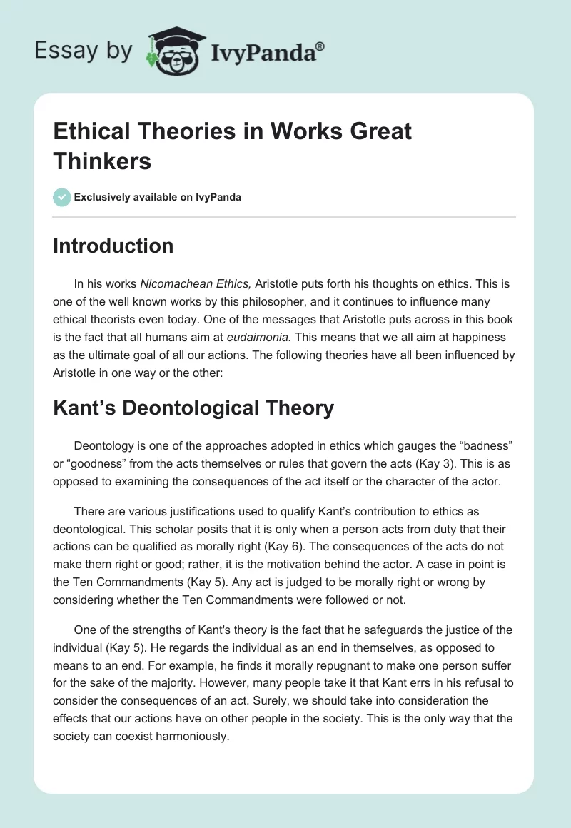 Ethical Theories in Works Great Thinkers. Page 1
