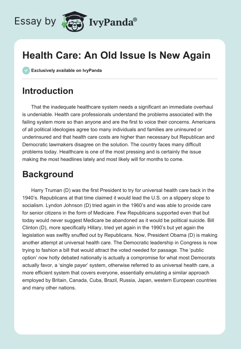 Health Care: An Old Issue Is New Again. Page 1