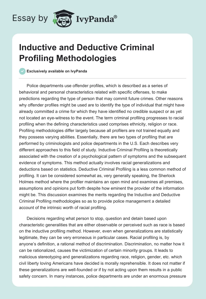 Inductive and Deductive Criminal Profiling Methodologies. Page 1