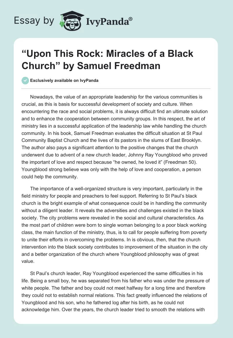 “Upon This Rock: Miracles of a Black Church” by Samuel Freedman. Page 1