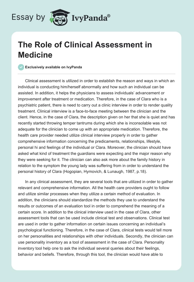 The Role of Clinical Assessment in Medicine. Page 1