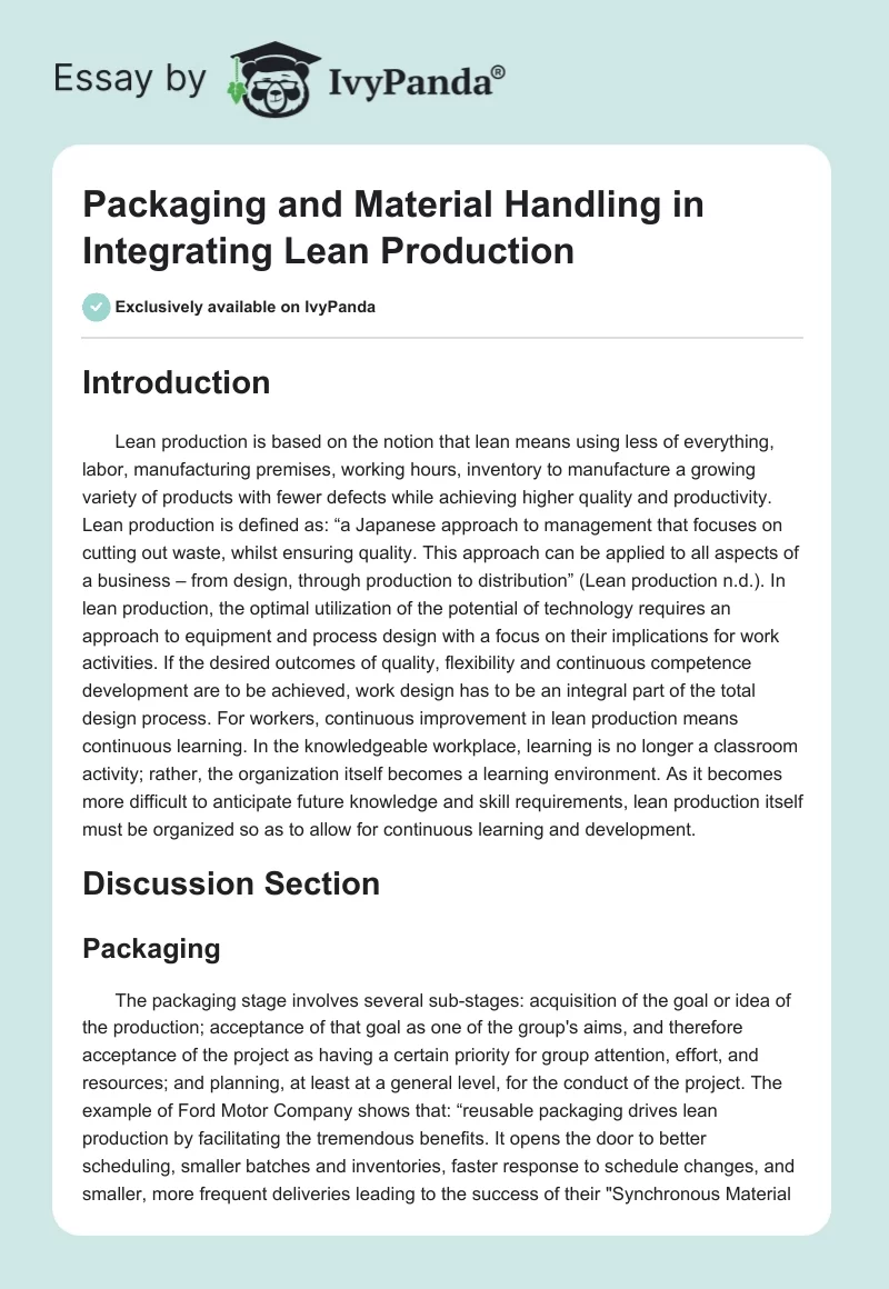 Packaging and Material Handling in Integrating Lean Production. Page 1