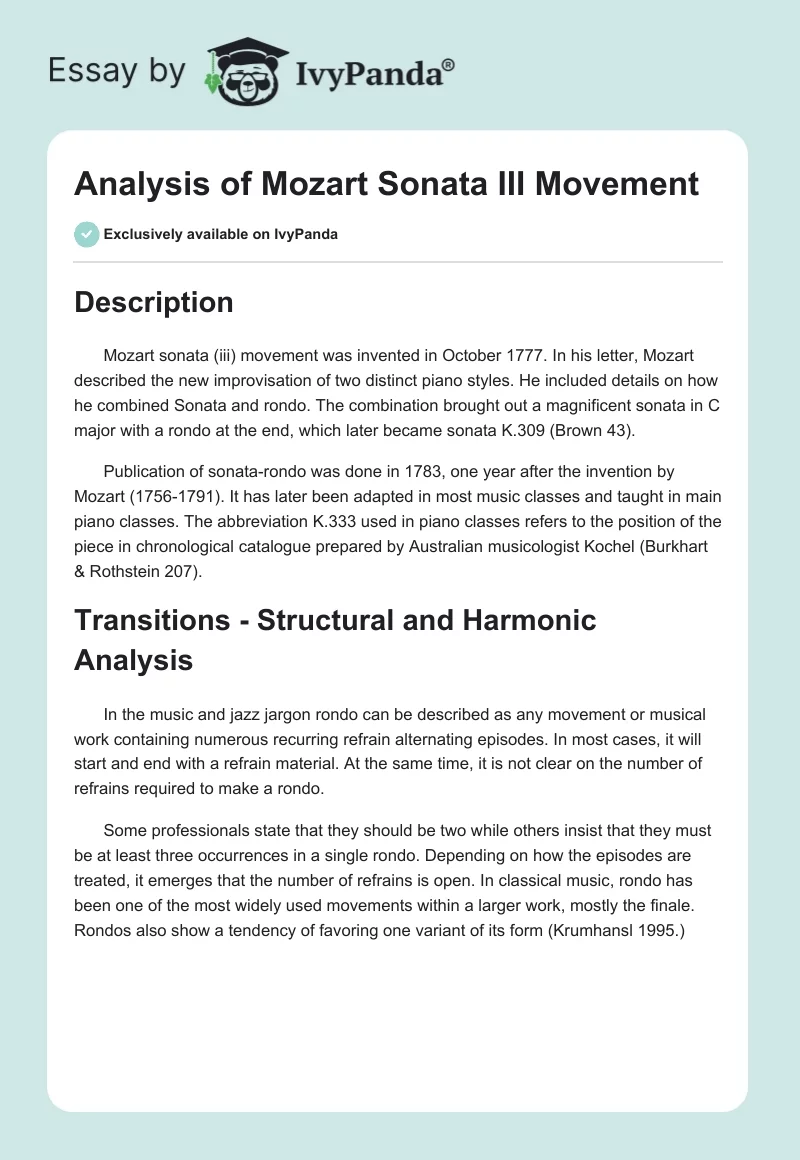 Analysis of Mozart Sonata III Movement. Page 1