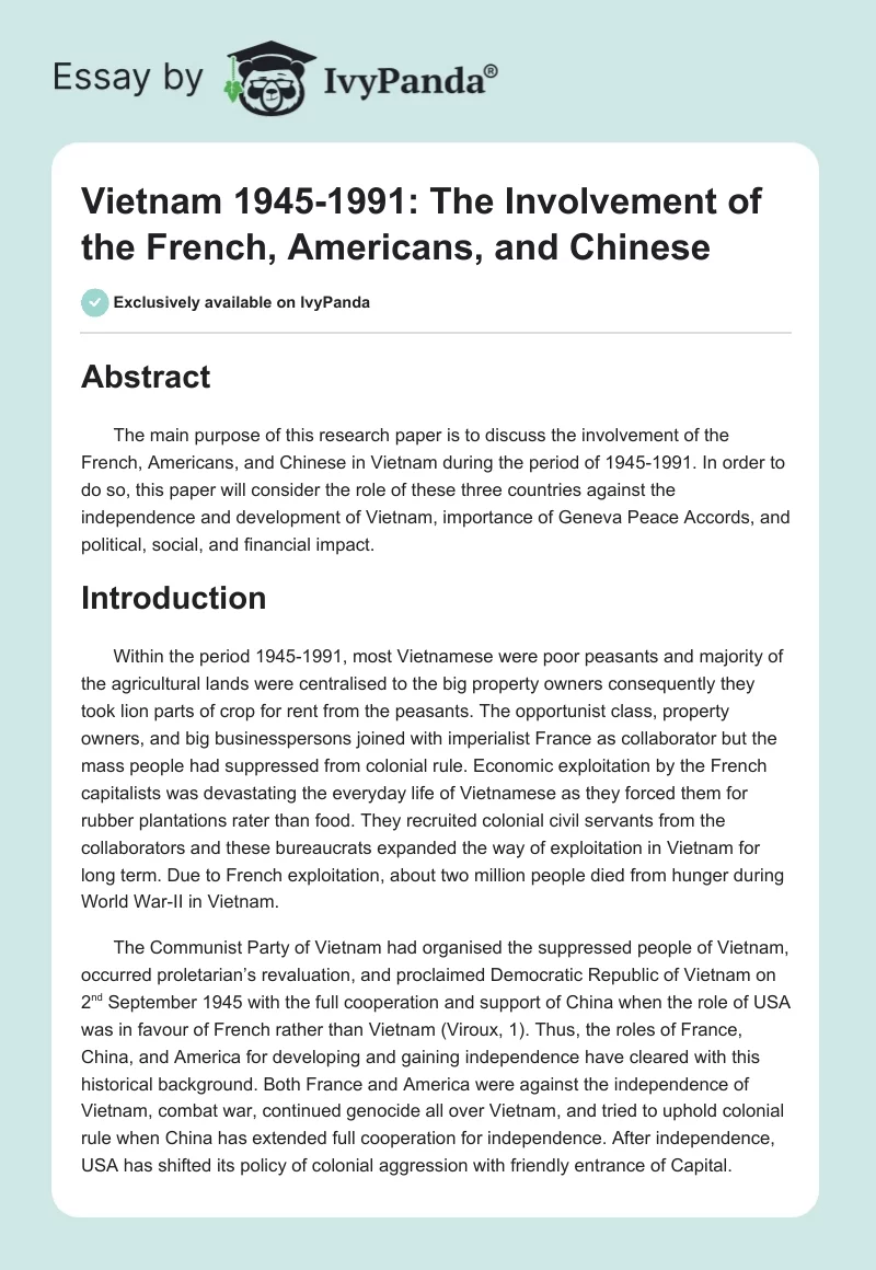 Vietnam 1945-1991: The Involvement of the French, Americans, and Chinese. Page 1