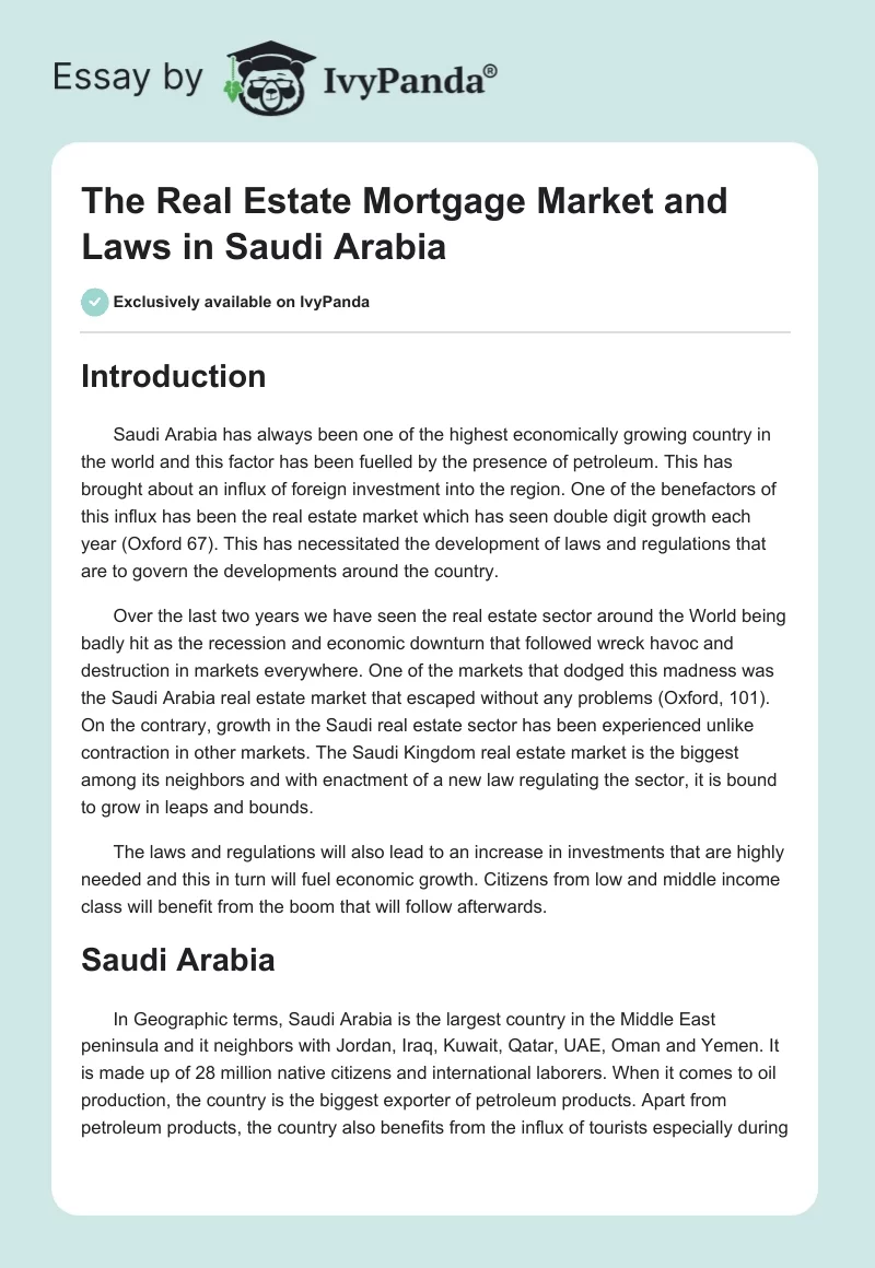 The Real Estate Mortgage Market and Laws in Saudi Arabia. Page 1