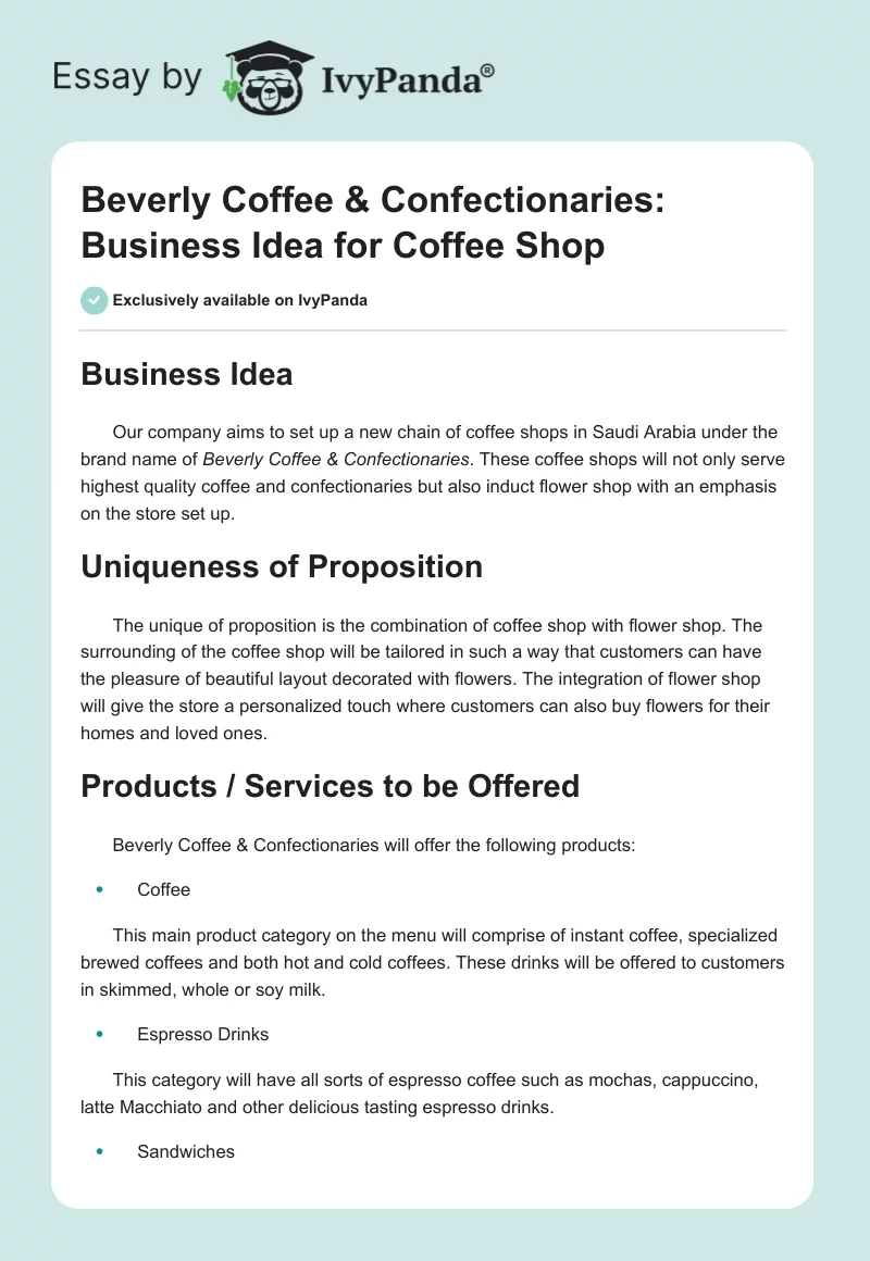 Beverly Coffee & Confectionaries: Business Idea for Coffee Shop. Page 1