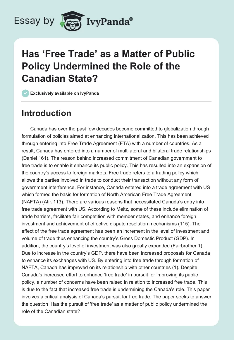 Has ‘Free Trade’ as a Matter of Public Policy Undermined the Role of the Canadian State?. Page 1
