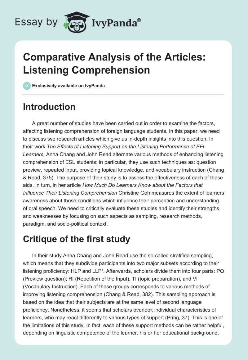 Comparative Analysis of the Articles: Listening Comprehension. Page 1